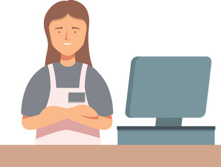 Poster - Young cashier woman wearing uniform standing behind counter desk with computer monitor