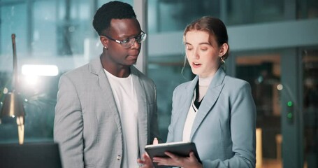 Aufkleber - Business people, night and conversation with tablet for results, corporate finance or research at office. Businessman or woman discussing company budget or late expenses on technology at workplace