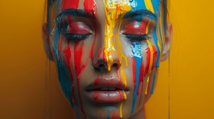 Striking image of a woman with brightly colored paint dripping down her face symbolizing creativity