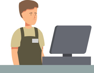 Poster - Male cashier standing at cash register working in supermarket, colorful illustration