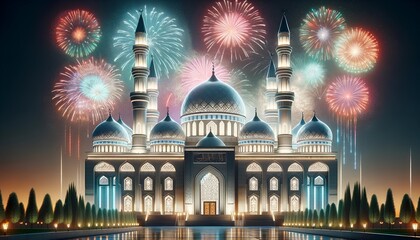 Wall Mural - Beautifully illuminated mosque with fireworks in the background celebrating the Islamic New Year.