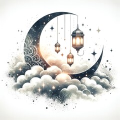 Wall Mural - Watercolor illustration for Islamic New Year with a crescent moon and lanterns in clouds.