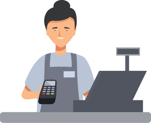 Poster - Smiling cashier holding a payment terminal, ready to process a purchase at the checkout counter
