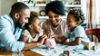 © Maciej Koba - Happy family teaching children about saving money with piggy bank at home