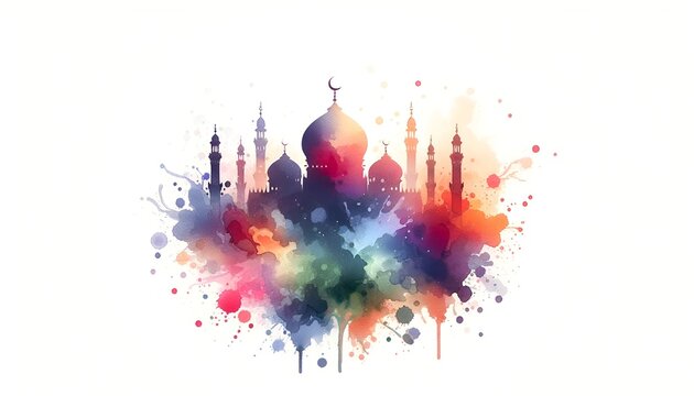 Abstract watercolor splash illustration for Muḥarram with mosque silhouette.
