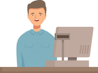 Poster - Male cashier smiling while working at checkout counter with cash register