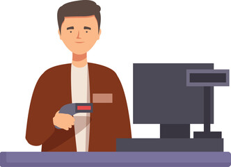 Poster - Cashier holding barcode scanner standing at cash desk in supermarket, retail sales, commerce and consumerism concept