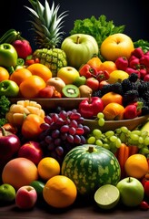 Wall Mural - fresh fruits vegetables display healthy eating campaign, colorful, variety, organic, market, diet, wellness, natural, raw, balanced, meal, ingredients