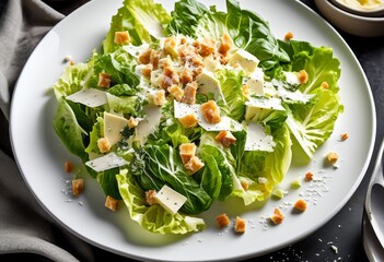 Wall Mural - fresh caesar salad shaved parmesan cheese white plate, crisp, green, leaves, lettuce, healthy, meal, food, dish, appetizer, vegetarian, gourmet, delicious
