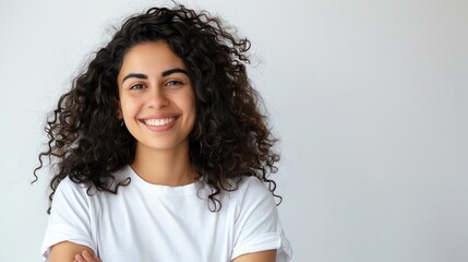 Wall Mural - Young woman with a big smile, curly hair, arms folded, plain white backdrop, casual white tshirt, isolated, relaxed and happy, copy space