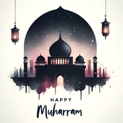 Wall Mural - Happy Muharram watercolor illustration with silhouette of mosque in the night.