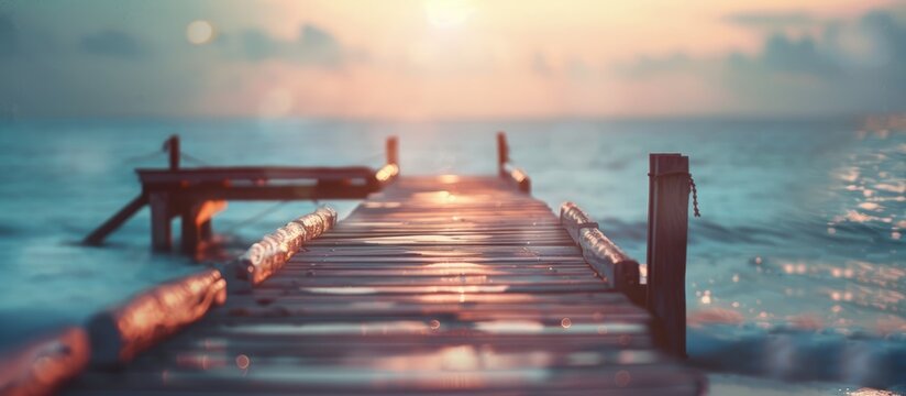 Seaside getaway with a peaceful pier for unwinding. Blurred backdrop highlighting specific details, perfect for adding text.