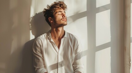 Wall Mural - Young man in a contemplative pose, soft daylight, minimalistic interior, isolated, fashionforward and thoughtful, copy space