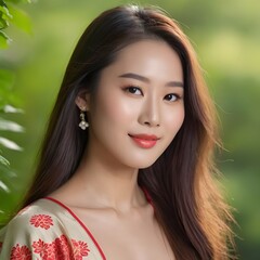 Pretty Asian beauty woman long hair with japanese makeup glowing face and healthy facial skin portrait smile on isolated nature background