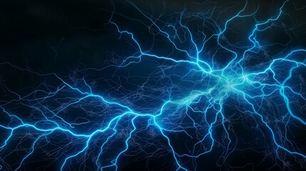 Canvas Print - An image of chaotic blue lightning bolts branching out like a neural network, set against a dark, undefined space to emphasize complexity and energy.