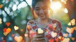 © pinkrabbit - portrait of smiling young asian lady chatting at social networks on smartphone in park, double exposure with emojis, hearts and likes. Modern communication remotely outdoor, collage