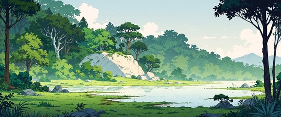 Lofi Biome Illustration - Desktop background - Fantasy Landscape. Anime style
