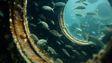 Wall Mural - the ships portholes have been taken over by schools of tiny fish their movements creating a mesmeriz