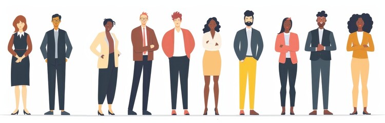 Flat design illustration of diverse business people standing in line isolated on a white background with pastel colors Generative AI