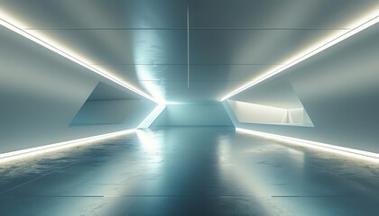 Futuristic sci-fi hallway with reflective surfaces and neon lights, creating a modern, sleek, and sophisticated ambiance.