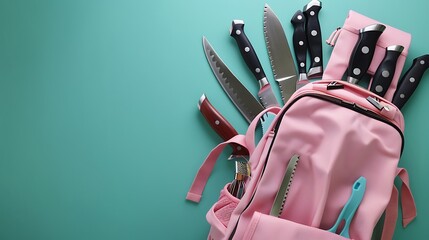 Wall Mural - Deep sea teal background, soft pink backpack brimming with high-end culinary tools, including chef's knives and mandolines, space for text, from above.