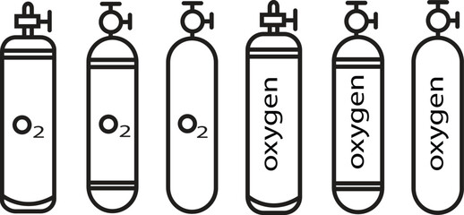 Set of LPG propane bottles icons container with editable stock. Oxygen O2 Gas trendy Line styles cylinder icon. Oxygen gas cylinder canister fuel storage collection isolated on transparent background.