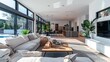© imagemir - Modern living room with large windows overlooking a swimming pool, featuring a white sectional sofa, a wooden coffee table, and a large flat-screen television