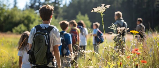 group of students on a nature field trip, exploring and learning about the environment, outdoor educ