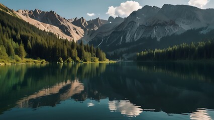 Wall Mural - A body of water with trees and mountains in the background AI generated