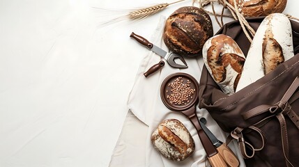 Wall Mural - Linen white background, dark chocolate backpack filled with artisan bread making tools and organic flours, space for text, from above.