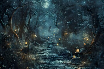 Wall Mural - A spooky forest path bathed in moonlight, with flickering lanterns, cobwebs draped between trees, and a ghostly figure vanishing into the shadows