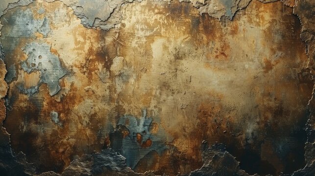 a rustic wall texture dominated by earthy blue and golden brown tones, creating an aged, weathered l