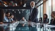 © Summit Art Creations - A confident senior executive stands at the head of the boardroom table, leading a strategic meeting with the corporate team. AIG41