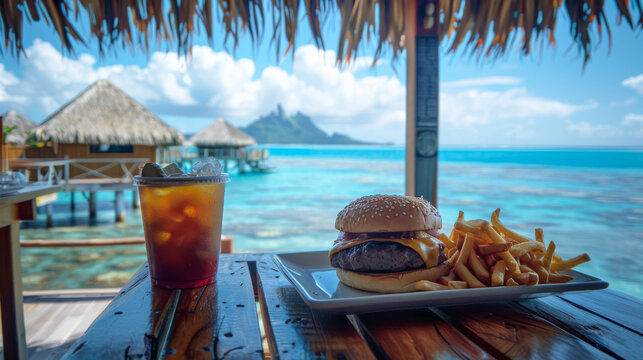 Burger and french fries on table. Ocean view. Travel concept