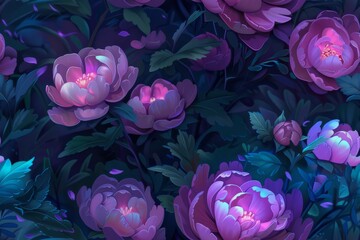 Poster - Luminous Night Garden: Dreamy Blooming Peonies in Purple and Blue Hues