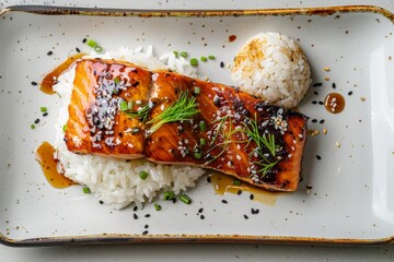 Wall Mural - Aromatic Glazed Salmon With Sesame Seeds and Dill Over Fluffy White Rice
