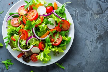 A Vibrant Salad With Cherry Tomatoes, Radishes, and Red Onion Rings on a White Plate