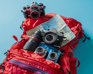Wall Mural - Pearl blue background, red backpack filled with urban exploration essentials, including cameras and maps, space for text above, high angle.