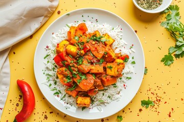 Wall Mural - Aromatic Curry With Tofu and Sweet Potato on a Bed of Fluffy Rice