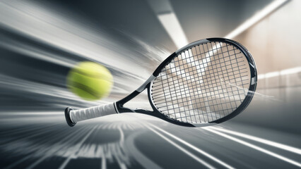 Sticker - A tennis racket and ball on a blurry background with motion, AI