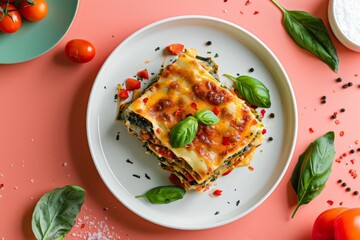 Wall Mural - A Slice of Heaven: Spinach and Ricotta Lasagna With Basil and Red Pepper Garnish