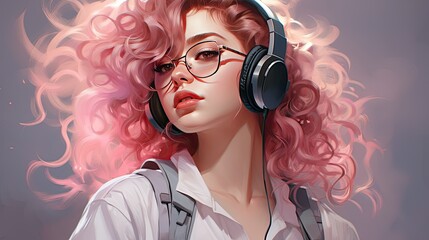 Wall Mural - A beautiful girl with pink glasses and headphones is listening to music