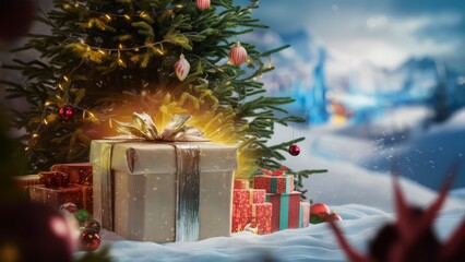 Poster - A christmas tree with presents and a gift box in front of it, AI