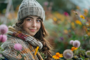 Wall Mural - A young woman with long brown braids and a warm knitted hat and scarf smiles for the camera in a beautiful garden