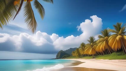 Wall Mural - Coconut tree with tropical beach. Creative travel banner.