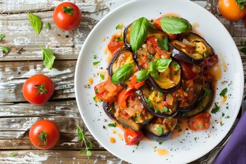 Wall Mural - A Rustic Plate of Sauteed Eggplant and Tomatoes With Fresh Basil