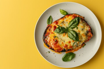 Wall Mural - A Melted Masterpiece: A Cheesy Eggplant Parmigiana With Basil Garnishes on a White Plate Against a Vibrant Yellow Background