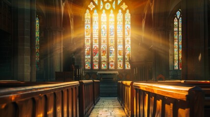 Poster - A beam of light shining through a stained glass window in an old cathedral, illuminating the pews