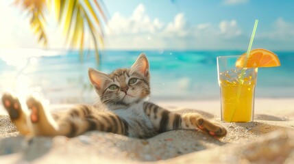 Wall Mural - Cat Having Fun on Beach with Glass of Drink