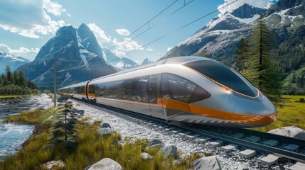 Fototapete - A sleek modern train speeding through a scenic countryside landscape with mountains in the background